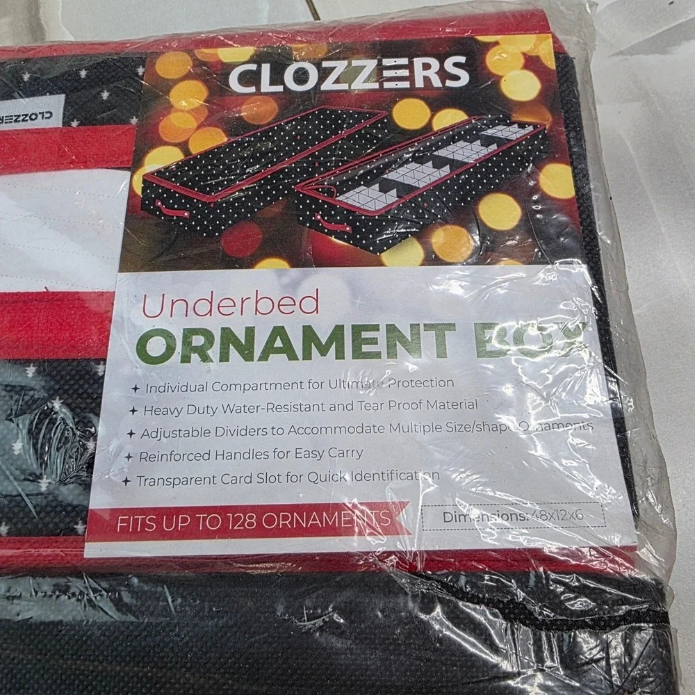 Clozzer Underbed Ornament Box Holiday Storage Bag 128 Ornaments 48x12x6 Black S3